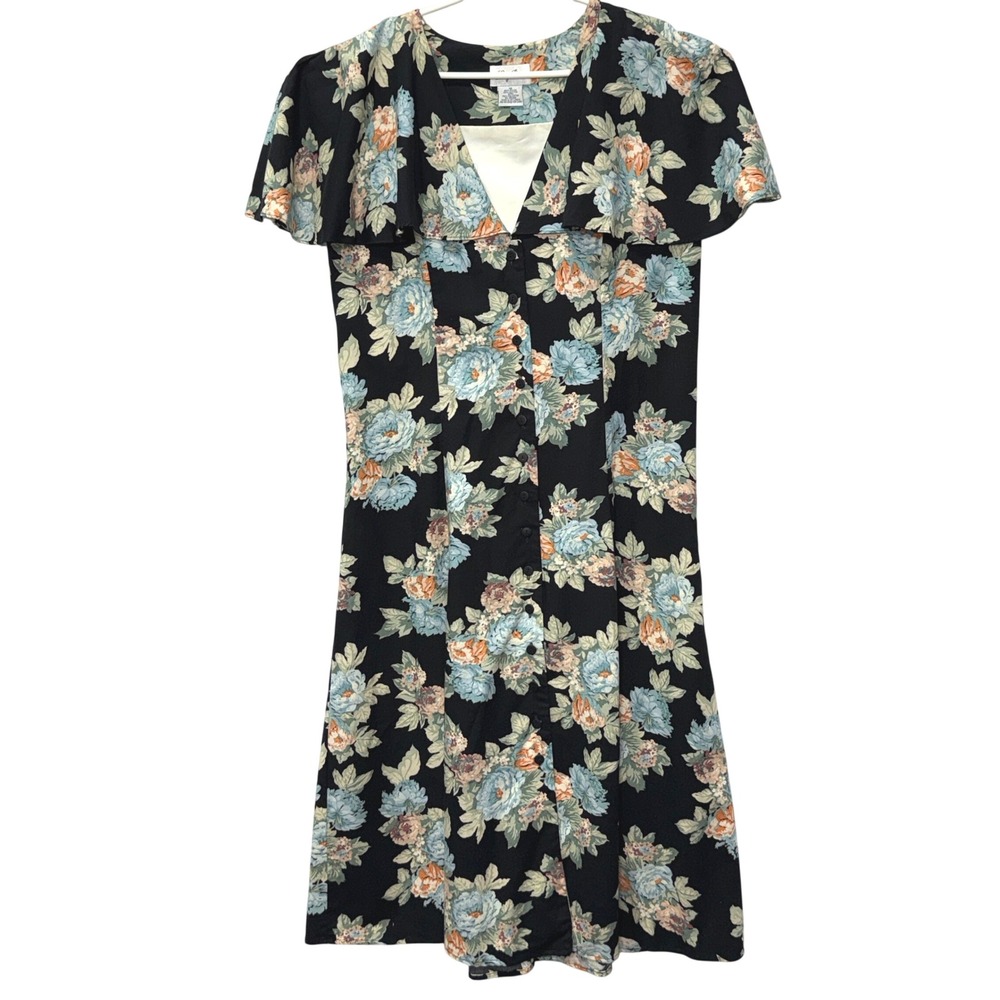 90s Floral Dress Black Flutter Cape Collar 18 Cottage Bloom Feminine Romantic